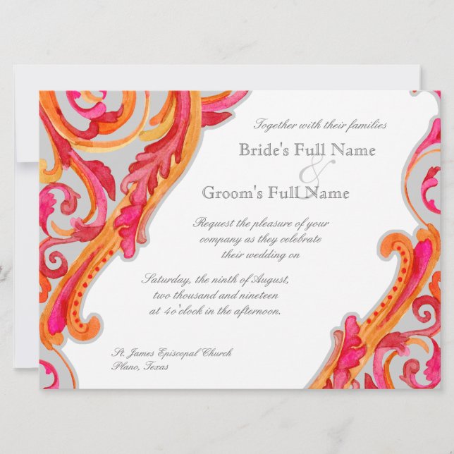 Modern Swirl Flourish Heart Tangerine Hot Pink Invitation (Front)