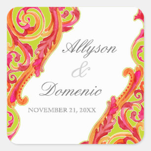 Modern Swirl Flourish Heart Tangerine Lime Green Square Sticker