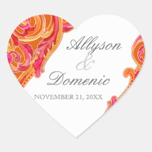 Modern Swirl Flourish Heart Tangerine Orange Heart Sticker