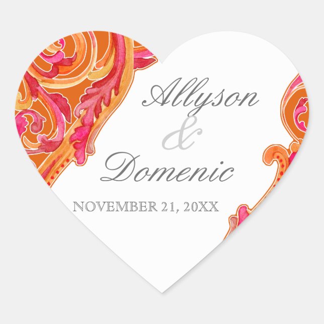 Modern Swirl Flourish Heart Tangerine Orange Heart Sticker (Front)