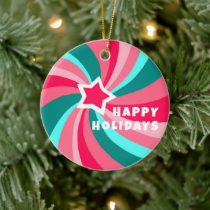 Modern Swirl HAPPY HOLIDAYS CUSTOM Green Pink Ceramic Tree Decoration