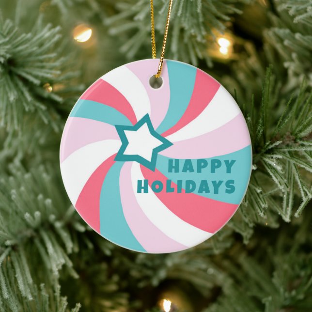 Modern Swirl HAPPY HOLIDAYS CUSTOM Green Pink Ceramic Tree Decoration (Tree)