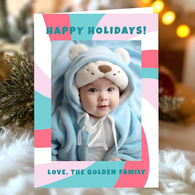 Modern Swirl HAPPY HOLIDAYS CUSTOM PHOTO Holiday Card (Modern Swirl HAPPY HOLIDAYS Pink Green CUSTOM PHOTO Holiday Card
)