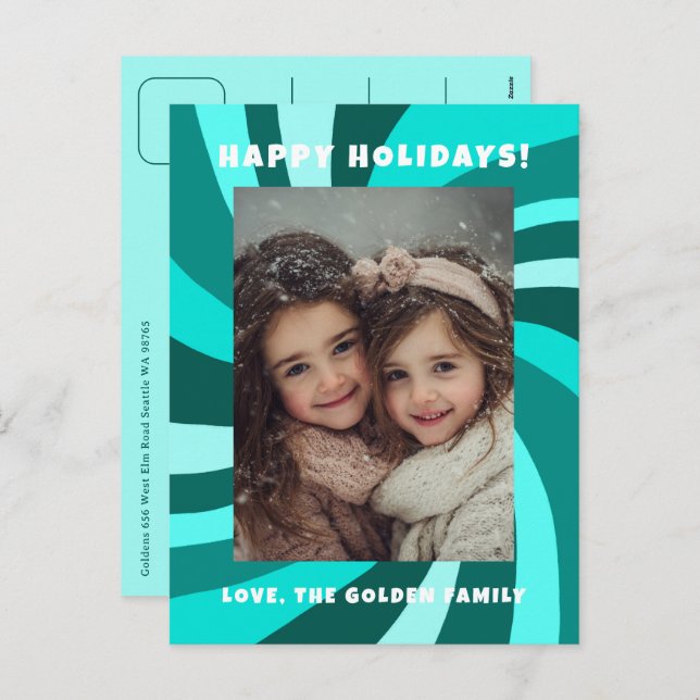 Modern Swirl HAPPY HOLIDAYS CUSTOM PHOTO Holiday Postcard (Front/Back)