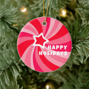 Modern Swirl HAPPY HOLIDAYS CUSTOM Pink Red Ceramic Tree Decoration