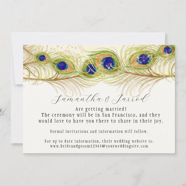 Modern Swirl Peacock Feathers Engagement Save Date Invitation (Front)