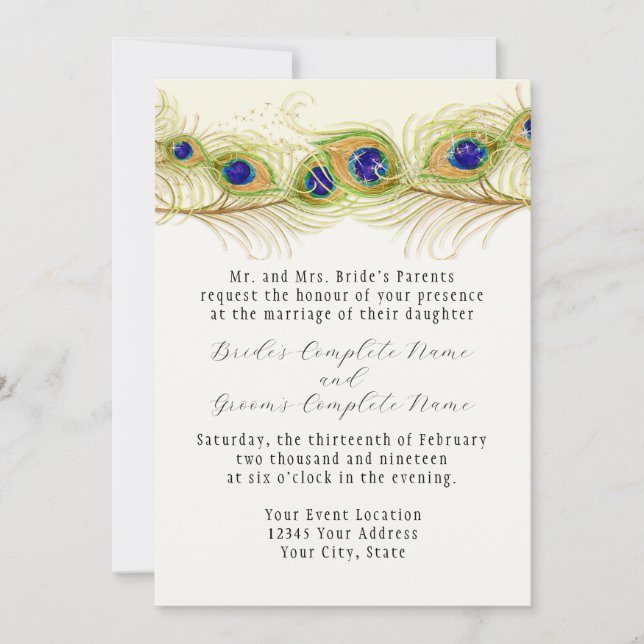 Modern Swirl Peacock Feathers Monogram Monogrammed Invitation (Front)