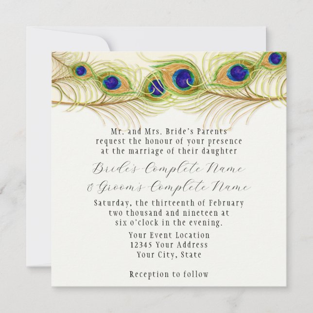 Modern Swirl Peacock Feathers Monogram Monogrammed Invitation (Front)