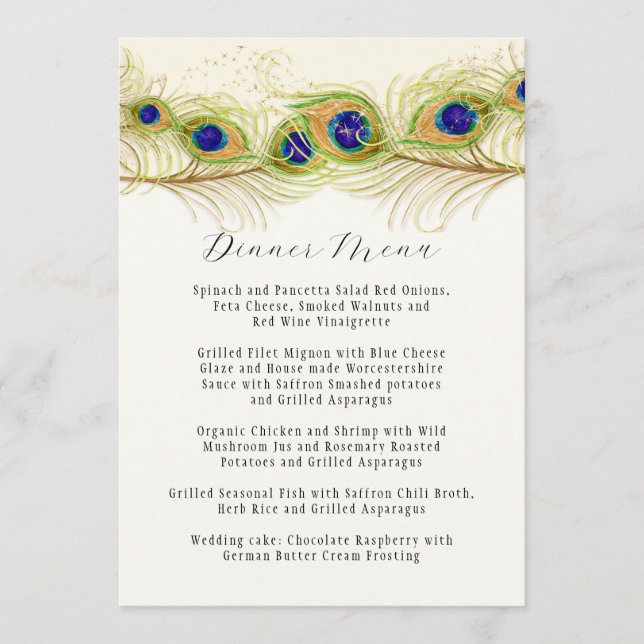 Modern Swirl Peacock Feathers Monogram Monogrammed Menu (Front)