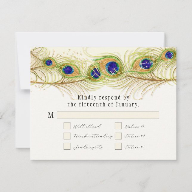 Modern Swirl Peacock Feathers Monogram Monogrammed RSVP Card (Front)