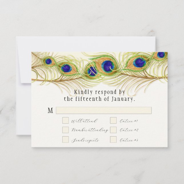 Modern Swirl Peacock Feathers Monogram Monogrammed RSVP Card (Front)