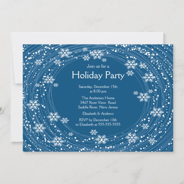 Modern Swirl Snowflakes Holiday Party Blue Invitation (Front)