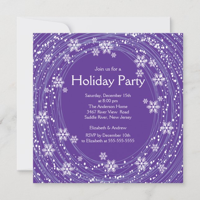 Modern Swirl Snowflakes Holiday Party Purple Invitation (Front)