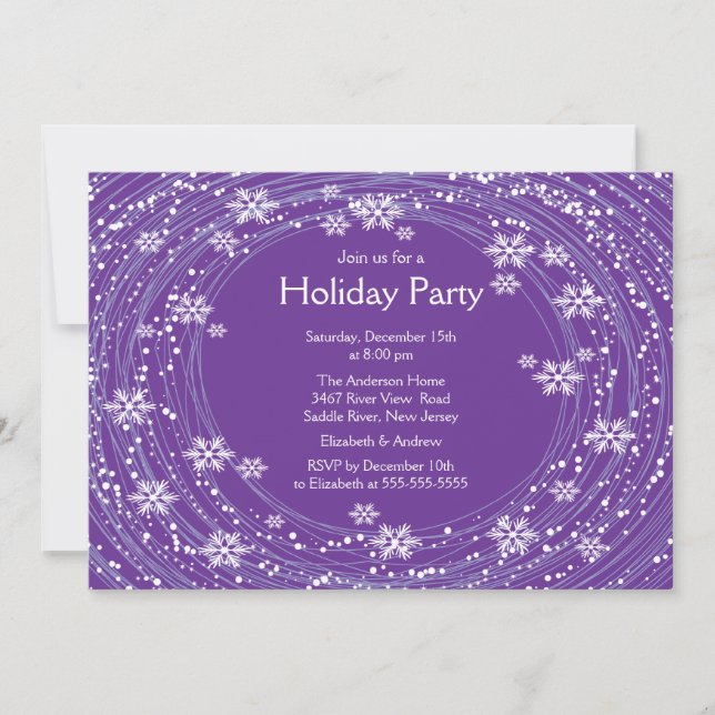 Modern Swirl Snowflakes Holiday Party purple Invitation (Front)