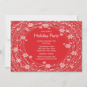 Modern Swirl Snowflakes Holiday Party Red Invitation