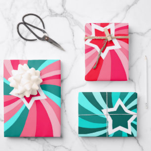 Modern Swirl Star Green Pink Set of Wrapping Paper Sheet