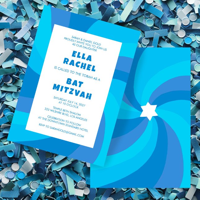 Modern Swirl Star of David Custom Bar Bat Mitzvah Invitation (Modern Swirl Star of David Custom Bar Bat Mitzvah Invitation Blue Stripes Bold Colorful)