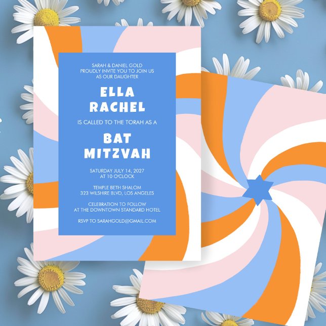 Modern Swirl Star of David Custom Bar Bat Mitzvah Invitation (Modern Swirl Star of David Custom Bar Bat Mitzvah Invitation Colorful Bold Stripes Orange Blue)