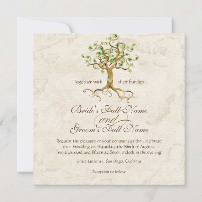 Modern Swirl Tree Roots Leaf Antique Parchment Invitation (Front)