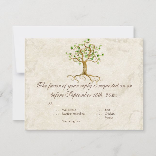 Modern Swirl Tree Roots Leaf Antique Parchment RSVP Card (Front)