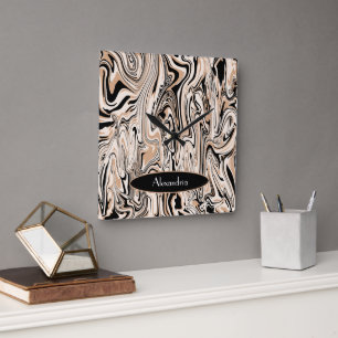 Modern Swirl Watercolor Brown Black Pattern Custom Square Wall Clock