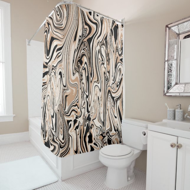 Modern Swirls Watercolor Brown Black Pattern  Shower Curtain (In Situ)