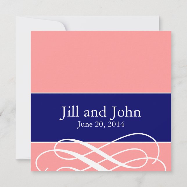 Modern Swirls Wedding Invitations Coral Navy Blue (Front)