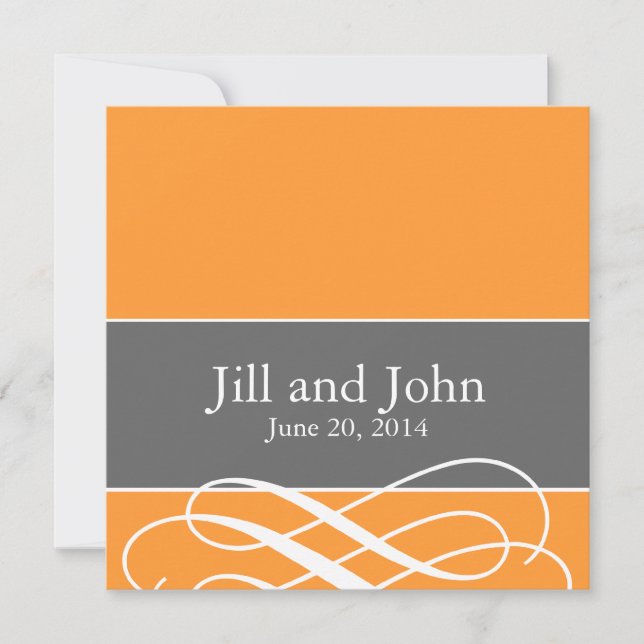 Modern Swirls Wedding Invitations Orange Grey (Front)