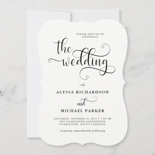 Modern Swirly Calligraphy Black and White Wedding Invitation (Front)