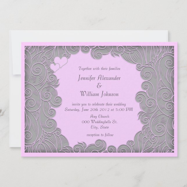 Modern Swirly Pale Pink and Grey Wedding Invites (Front)