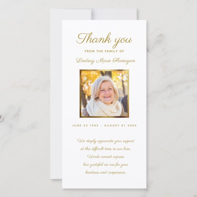 Modern Sympathy Memorial Gold Photo Frame Thank You Card (Front)