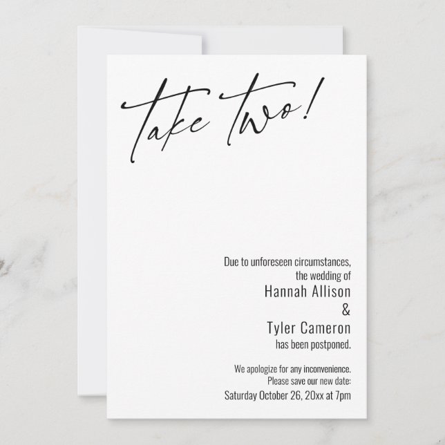 Modern Take Two! Simple Postponed Wedding Card (Front)