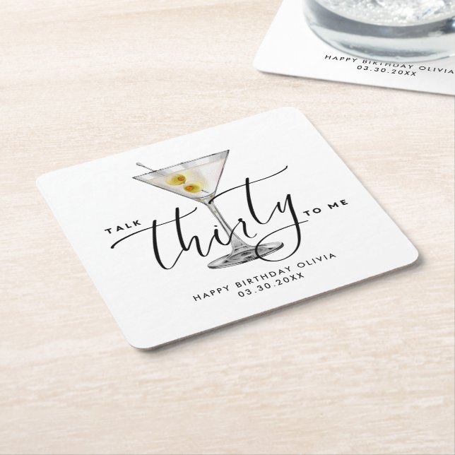 Modern “Talk Thirty to Me” Martini Glass 30th Square Paper Coaster (Angled)