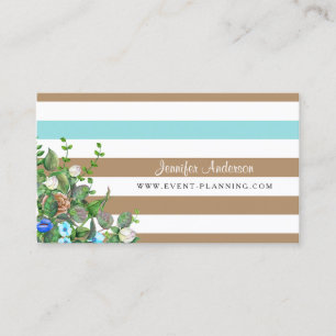 Modern Tan Floral Aqua Stripe Event Planner Business Card