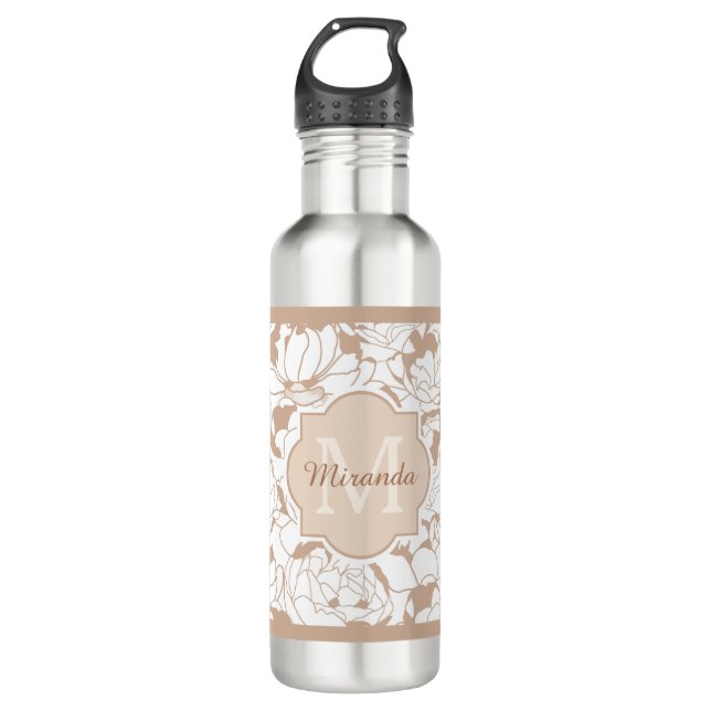 Modern Tan Floral Girly Monogram With Name 710 Ml Water Bottle (Front)