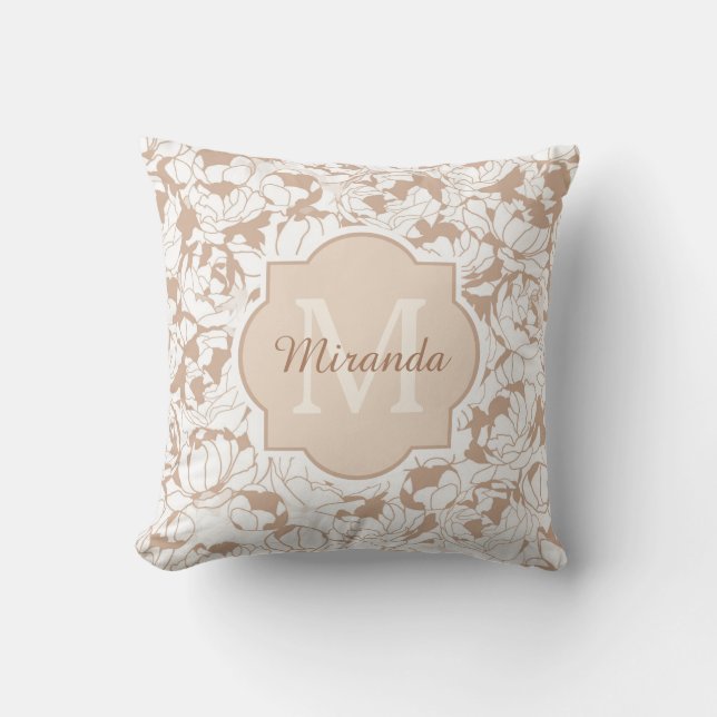 Modern Tan Floral Girly Monogram With Name Cushion (Front)