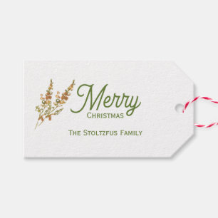 Modern Tan Green Christmas Watercolor Botanical  Gift Tags