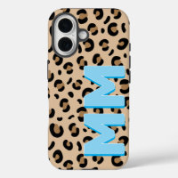 Modern Tan Leopard Print Blue Shadow Monogram