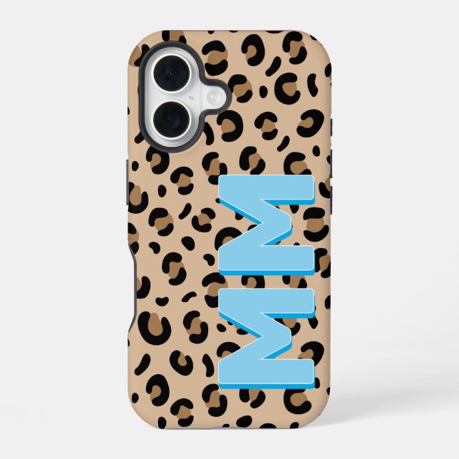 Modern Tan Leopard Print Blue Shadow Monogram  iPhone 16 Case (Back)