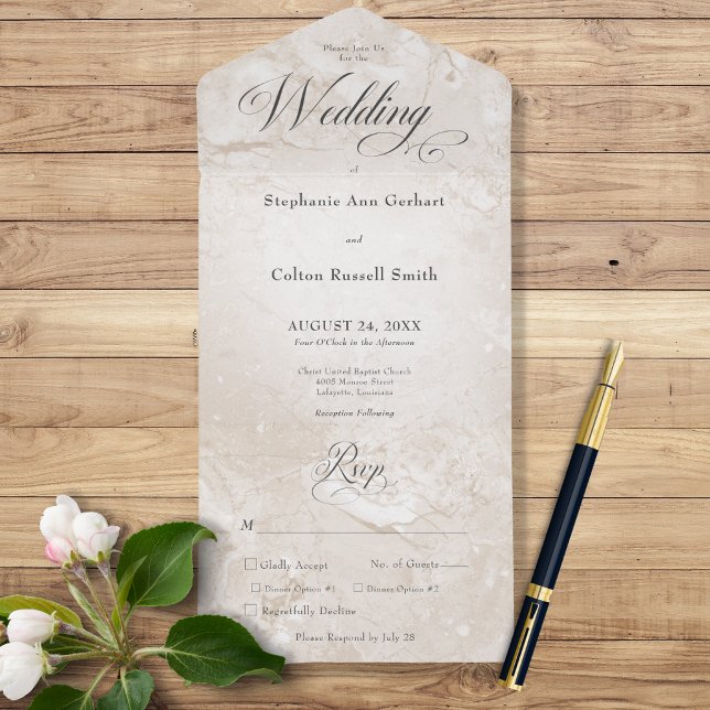 Modern Tan Marble Minimal Monogram Dinner All In One Invitation (Creator Uploaded)