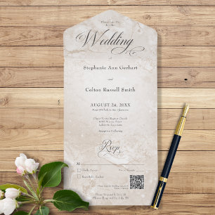 Modern Tan Marble Minimal QR Code All In One Invitation