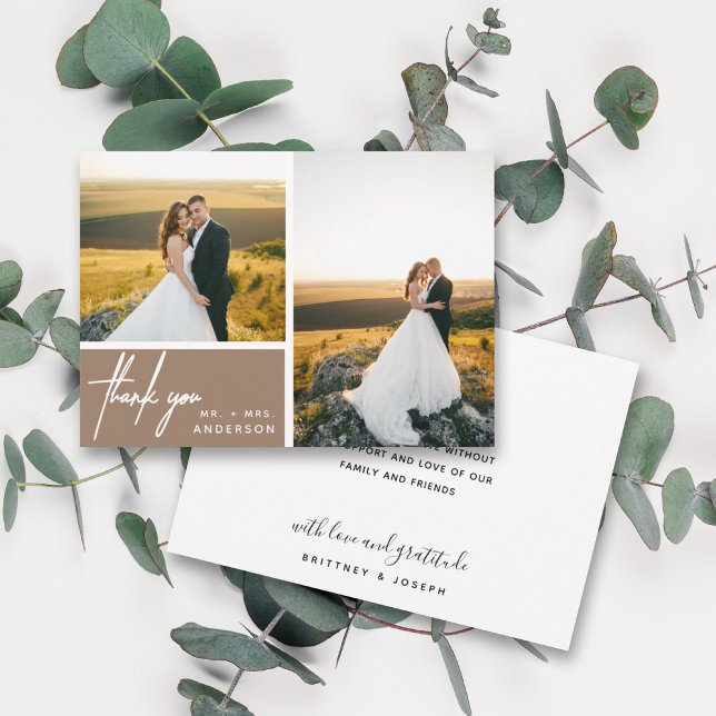 Modern Tan Photo Collage Thank you (Two photo hand lettered thank you wedding card with a minimalistic design perfect for any couple.)