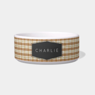 Modern Tan Plaid Personalised Pet Bowl