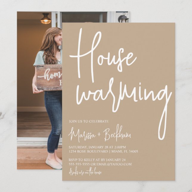 Modern Tan & White Housewarming Invitation (Front/Back)