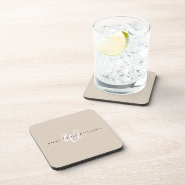 Modern Tan White Script Monogram Coaster (Right Side)