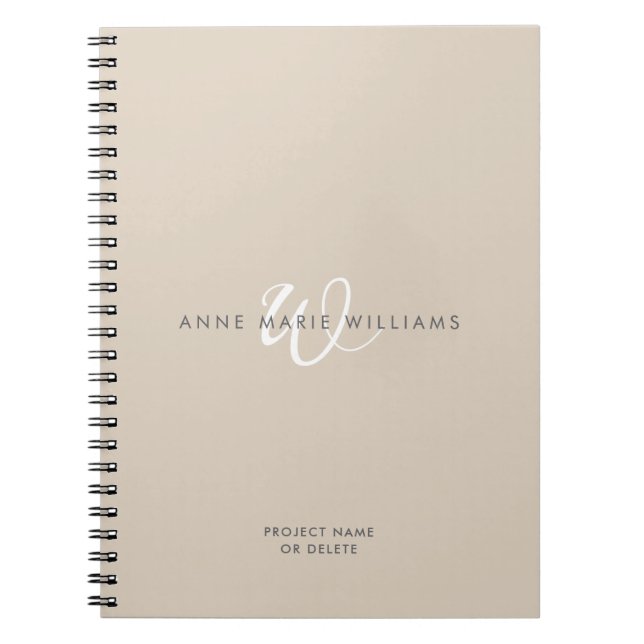 Modern Tan White Script Monogram Notebook (Front)