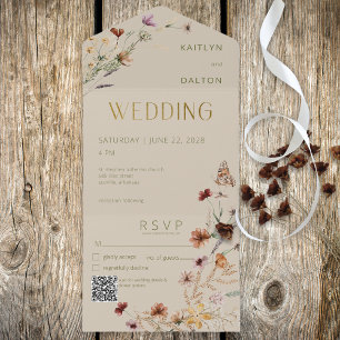 Modern Tan Wildflower Bouquet QR Code All In One Invitation