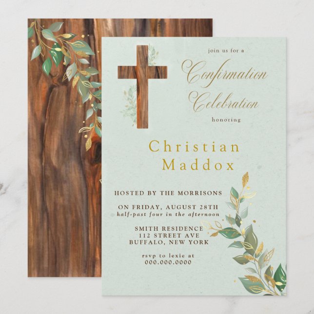 Modern Tan WoodI'm Cross Gold Confirmation Invitation (Front/Back)