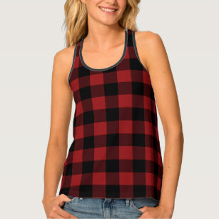 Modern Tank Top with Black Red Plaid Check Design