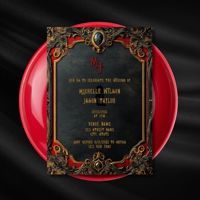 Modern Tarot Gothic Black and Gold Monogram  Invitation (black, gold and red gothic medieval wedding invitation)